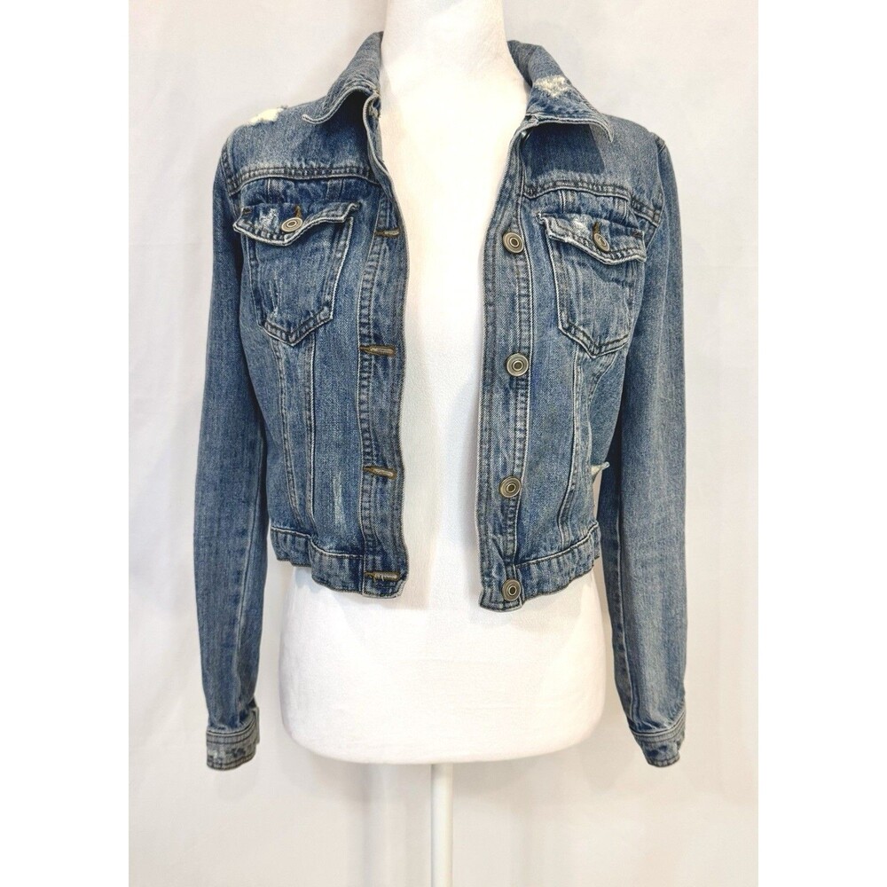 Forever 21 Womens Small Denim Jacket Distressed Cropped Medium Wash Button Front